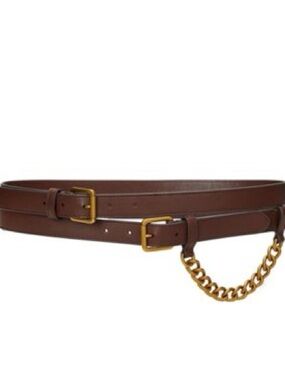 Lauren Ralph Lauren Brown Leather Double-Strap Belt with Gold Chain